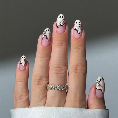 Artistic Press-On Nail Set with Floral and Ghost Design Acalora