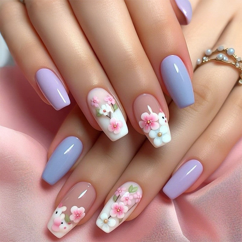 Decorative Floral Press-On Nail Art Set with 3D Flower Accents Acalora