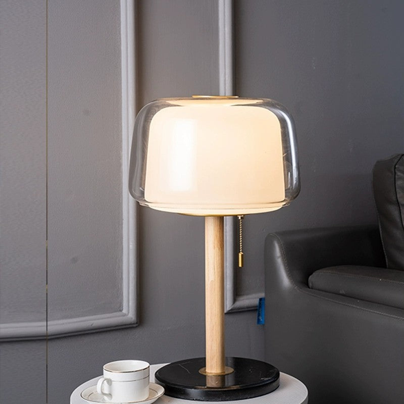 Modern Table Lamp with Glass Shade and Wood Base