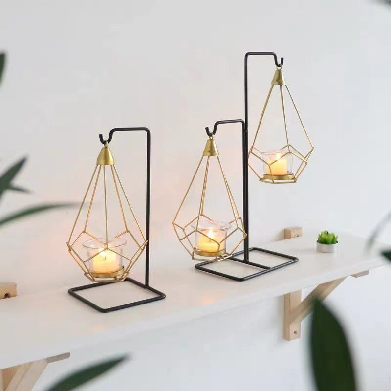 Decorative Geometric Hanging Tealight Candle Holder Set with Metal Stands and Glass Votives Acalora