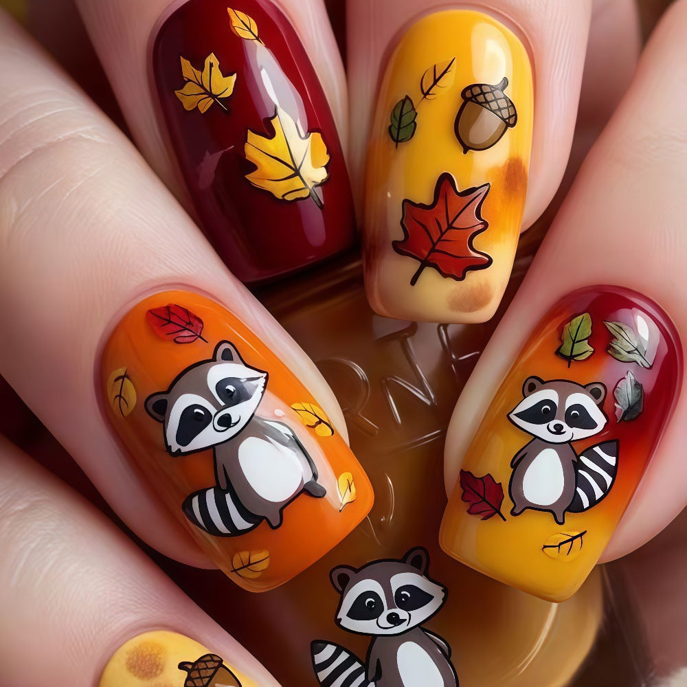 Artificial nails with autumnal animal and leaf patterns Acalora