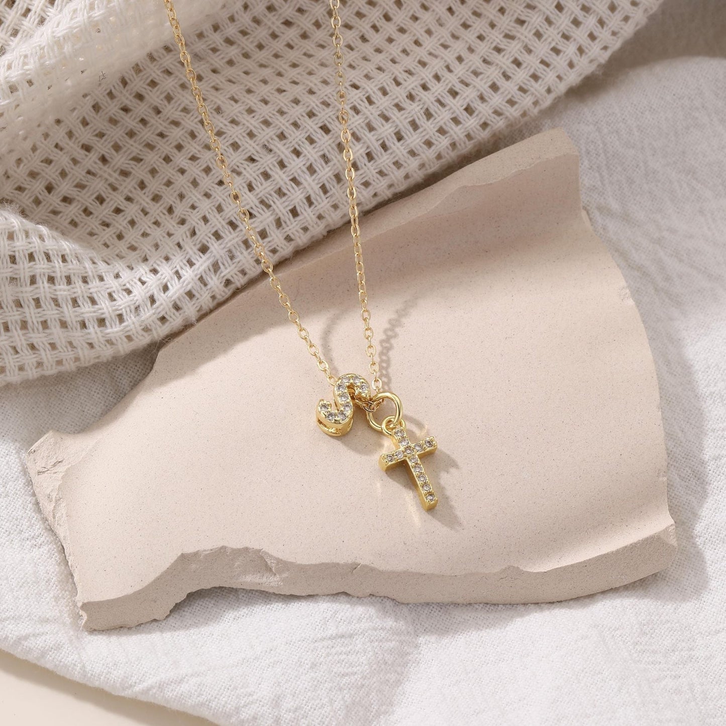 BowLift | Dainty Diamond Initial & Cross Necklace