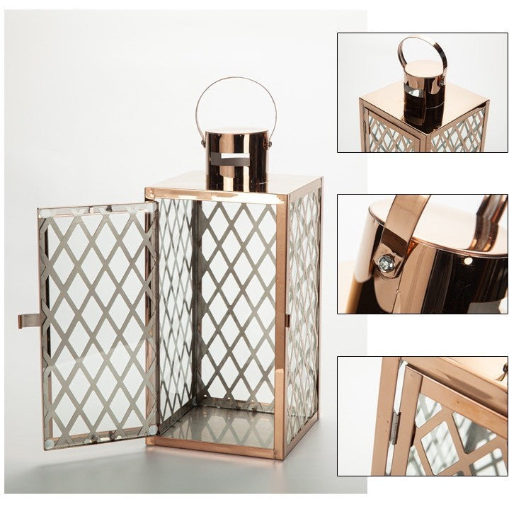Modern Polished Lattice Metal Lantern Collection with Hinged Door and Top Loop Handle Acalora
