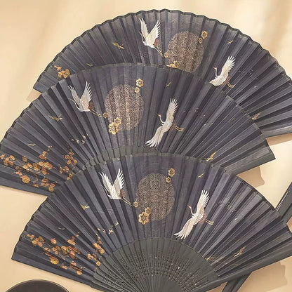 Ladies' one size hand-painted crane and plum blossom fan with carved wooden ribs and silk tassel Brehn