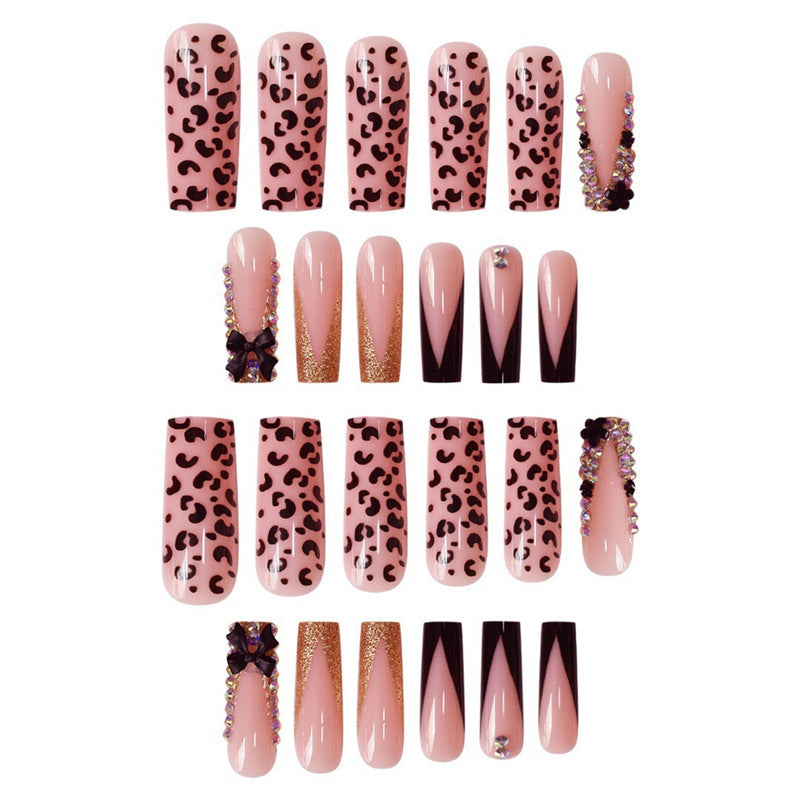 Glamorous Press-On Nail Art Set with Rhinestone and Leopard Accents Acalora