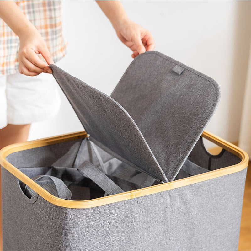 Storage basket with lid made of fabric and bamboo Acalora