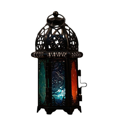 Ornate Moroccan Stained-Glass Metal Tealight Lantern Acalora