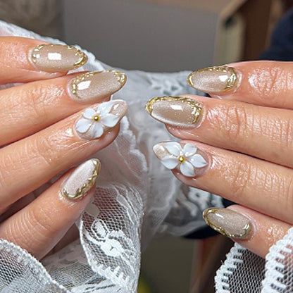 Elegant Press-On Nail Art Set with Floral and Gold Accents Acalora