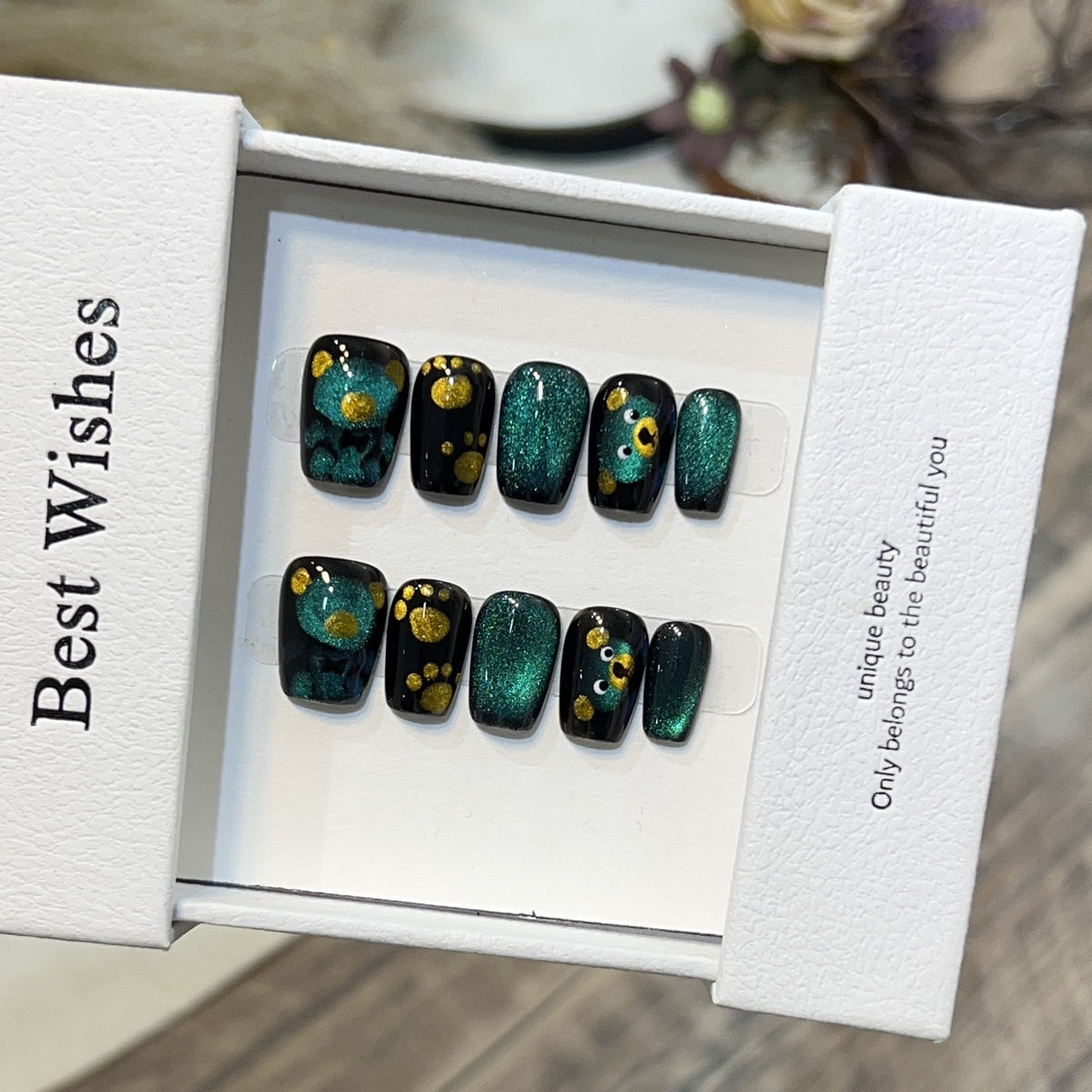 Artistic Press-On Nail Set with Playful Floral and Glitter Accents Acalora
