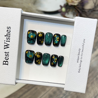Artistic Press-On Nail Set with Playful Floral and Glitter Accents Acalora