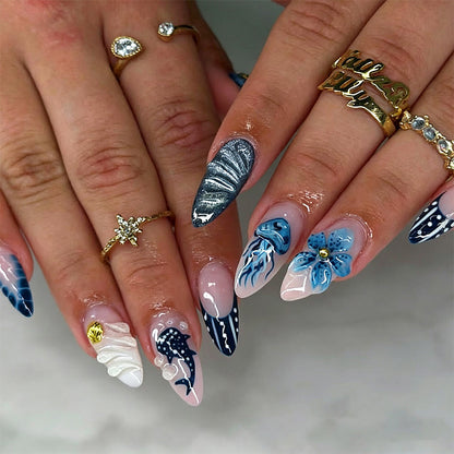 Artificial nails with maritime design and 3D flower accents Acalora