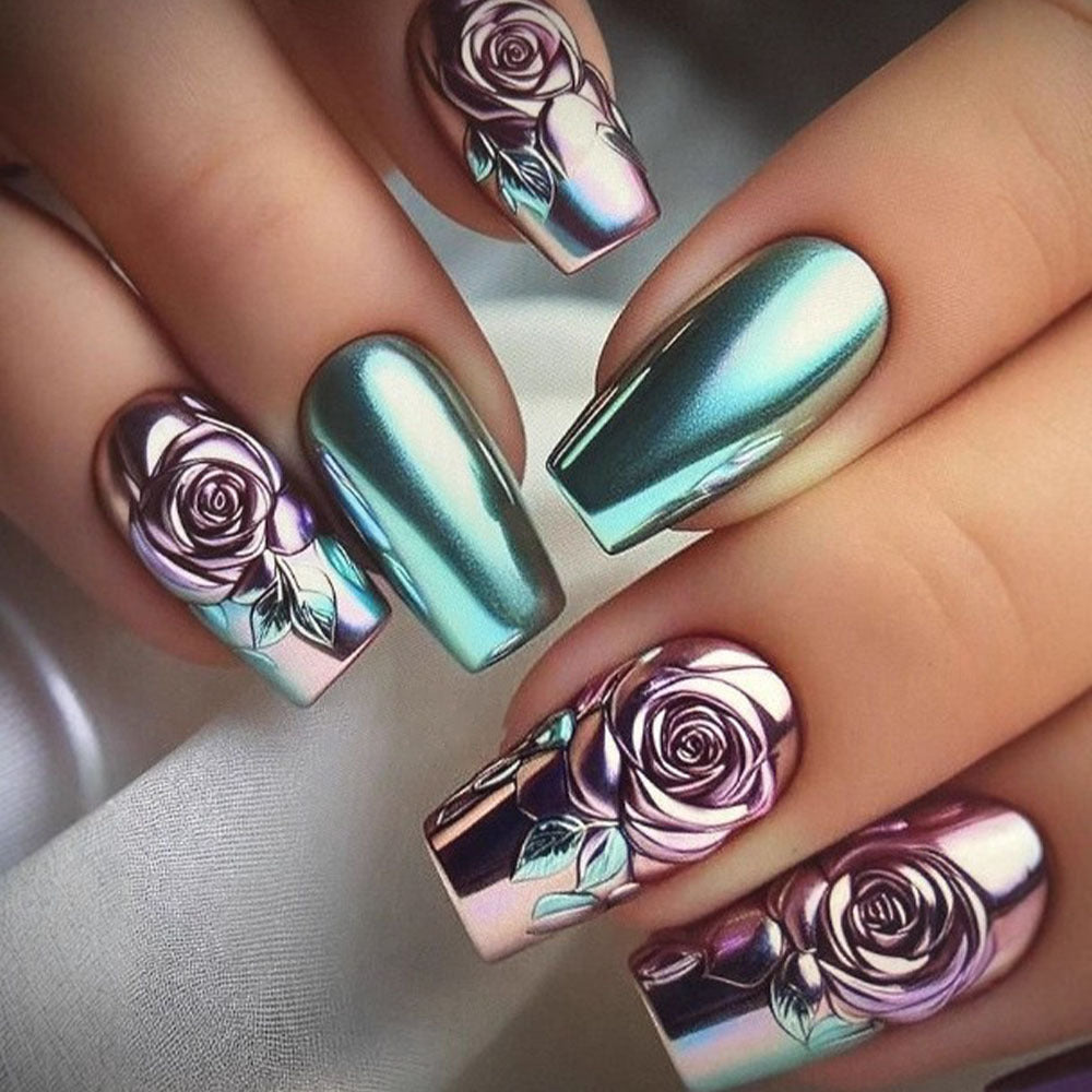 Artificial nails with rose design and high-gloss finish Acalora