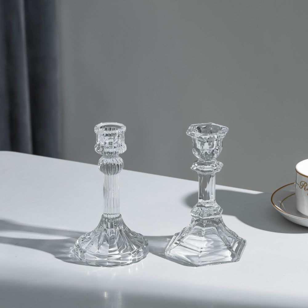 Pressed Crystal-Style Ribbed Glass Taper Candle Holder Acalora