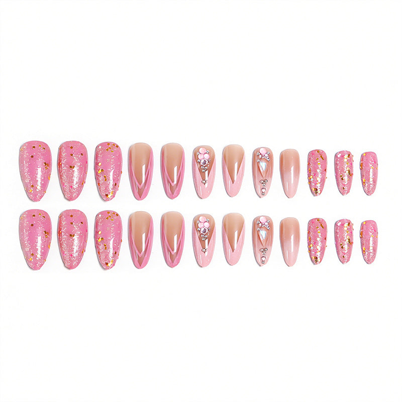 Artificial nail set with glamorous glitter and romantic flower decorations Acalora
