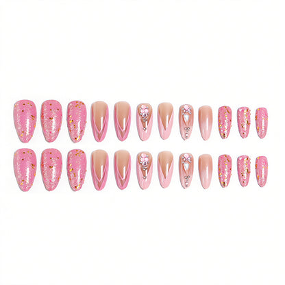 Artificial nail set with glamorous glitter and romantic flower decorations Acalora