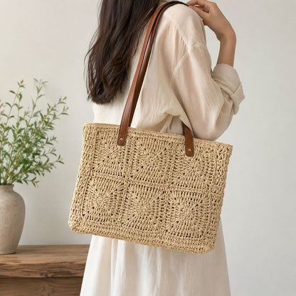 Handbag Made of Natural Rattan with Elegant Leather Handles Bowlift