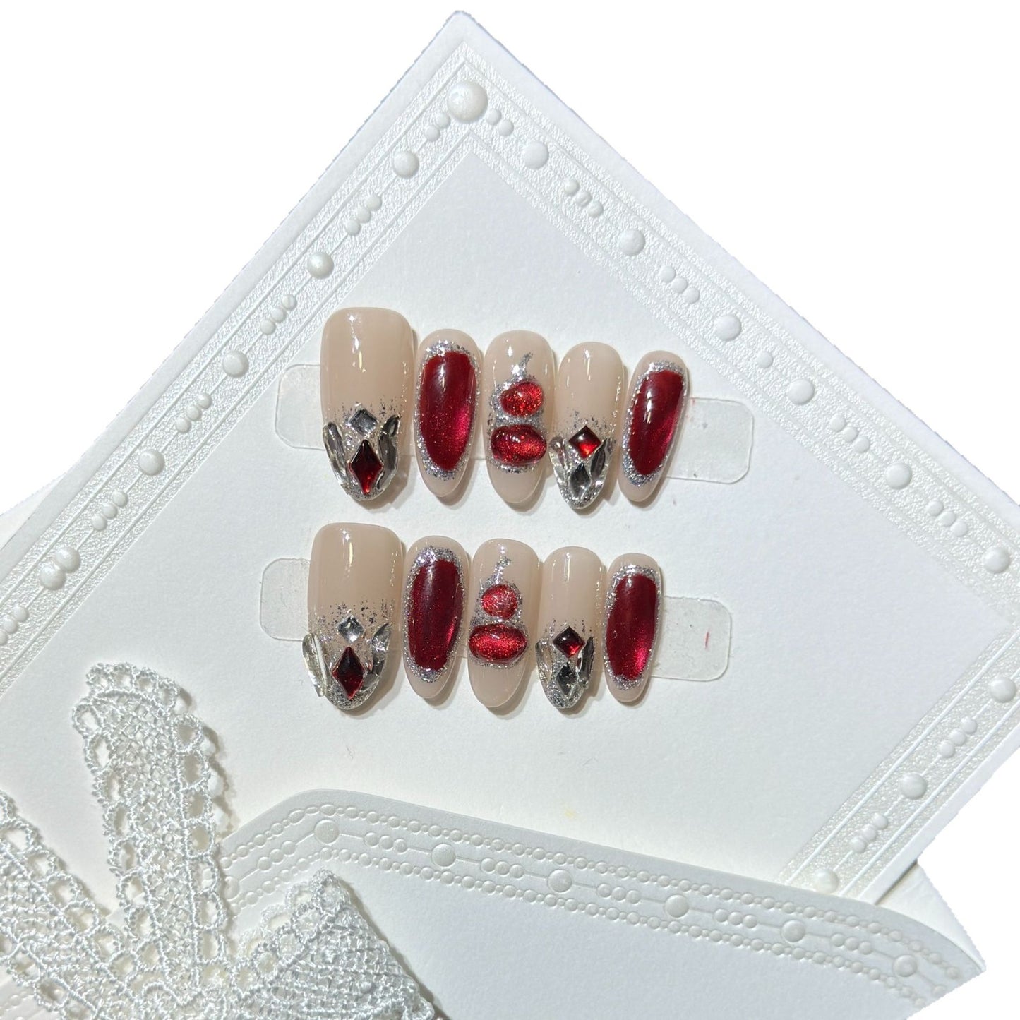 Premium Decorative Press-On Nail Set with Gemstone Accents Acalora