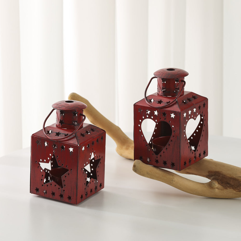 Distressed Shabby-Chic Square Tea Light Lantern with Christmas Tree Cutouts Acalora