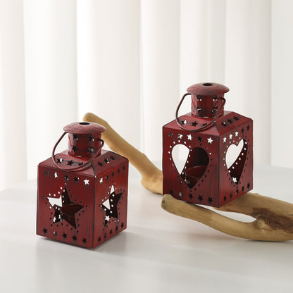 Distressed Shabby-Chic Square Tea Light Lantern with Christmas Tree Cutouts Acalora