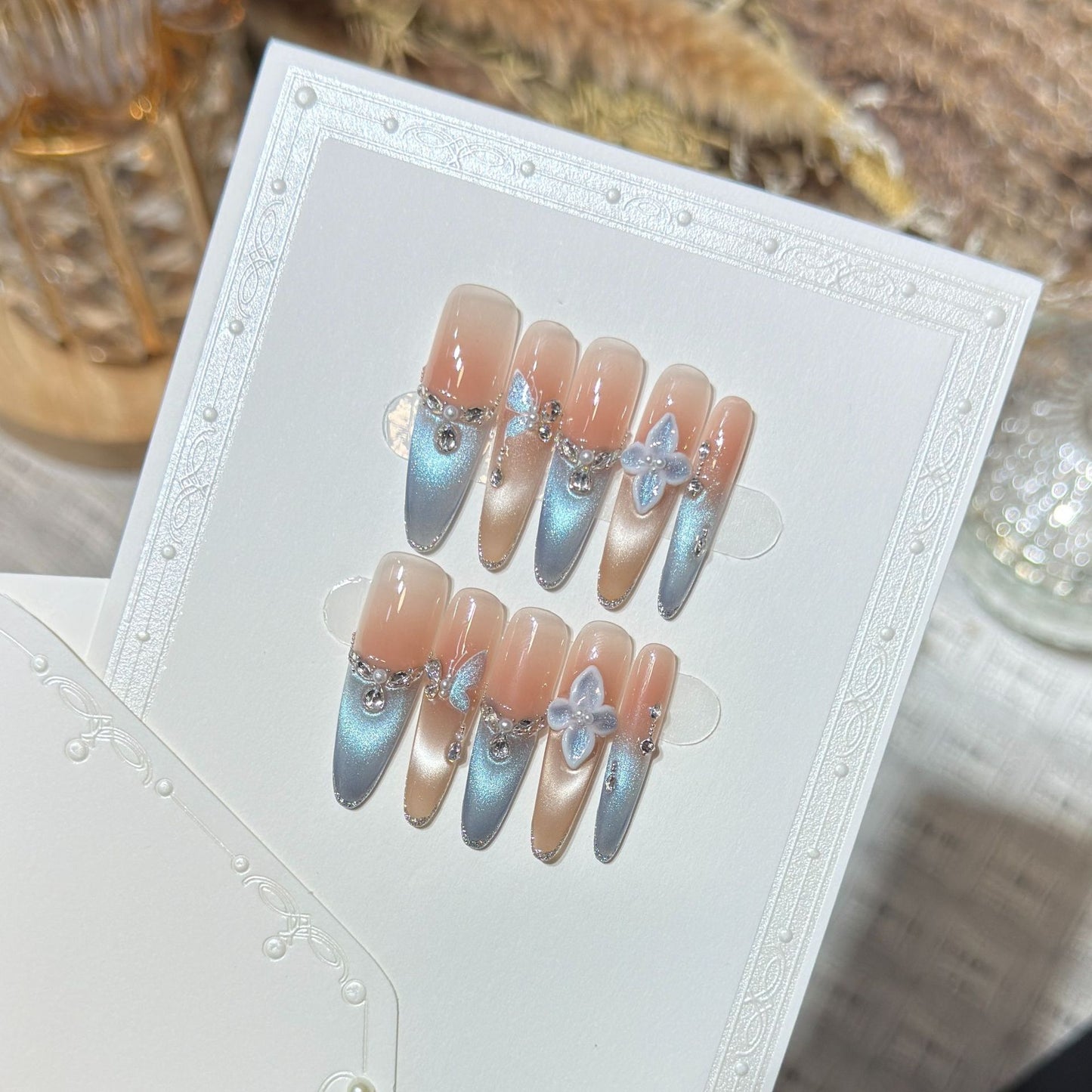 Artistic Press-On Nail Set with Floral and Gemstone Accents Acalora