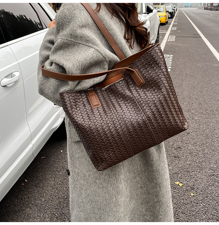 Woven Leather Shoulder Tote Bag Acalora