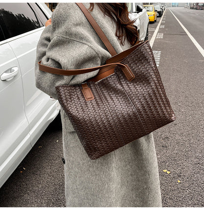 Woven Leather Shoulder Tote Bag Acalora
