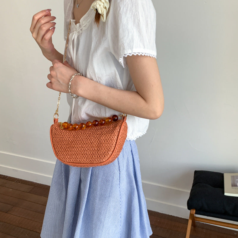 Stylish Woven Handbag with Beaded Handle Acalora