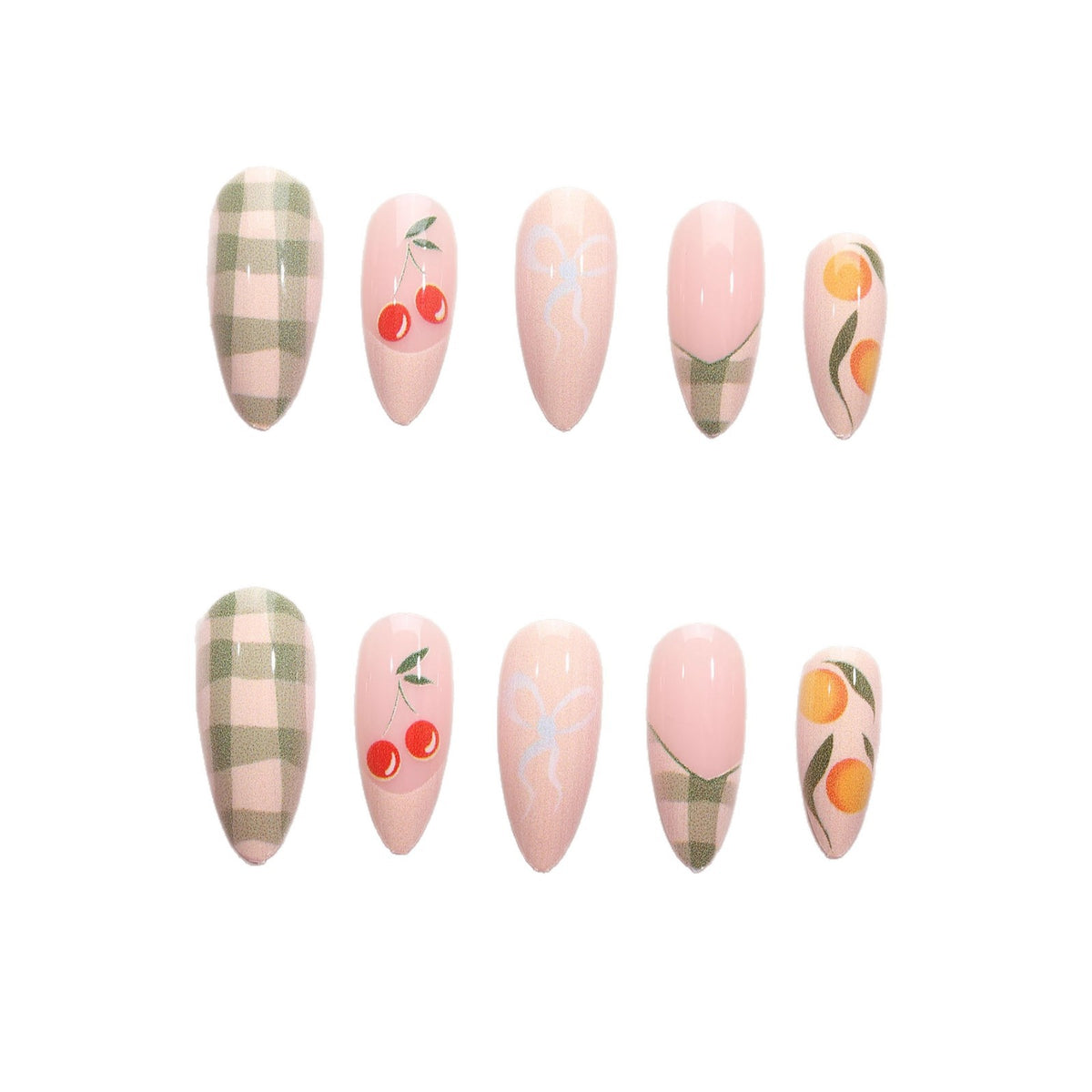 Artistic Press-On Nail Art Design Set with Fruit Accents Acalora