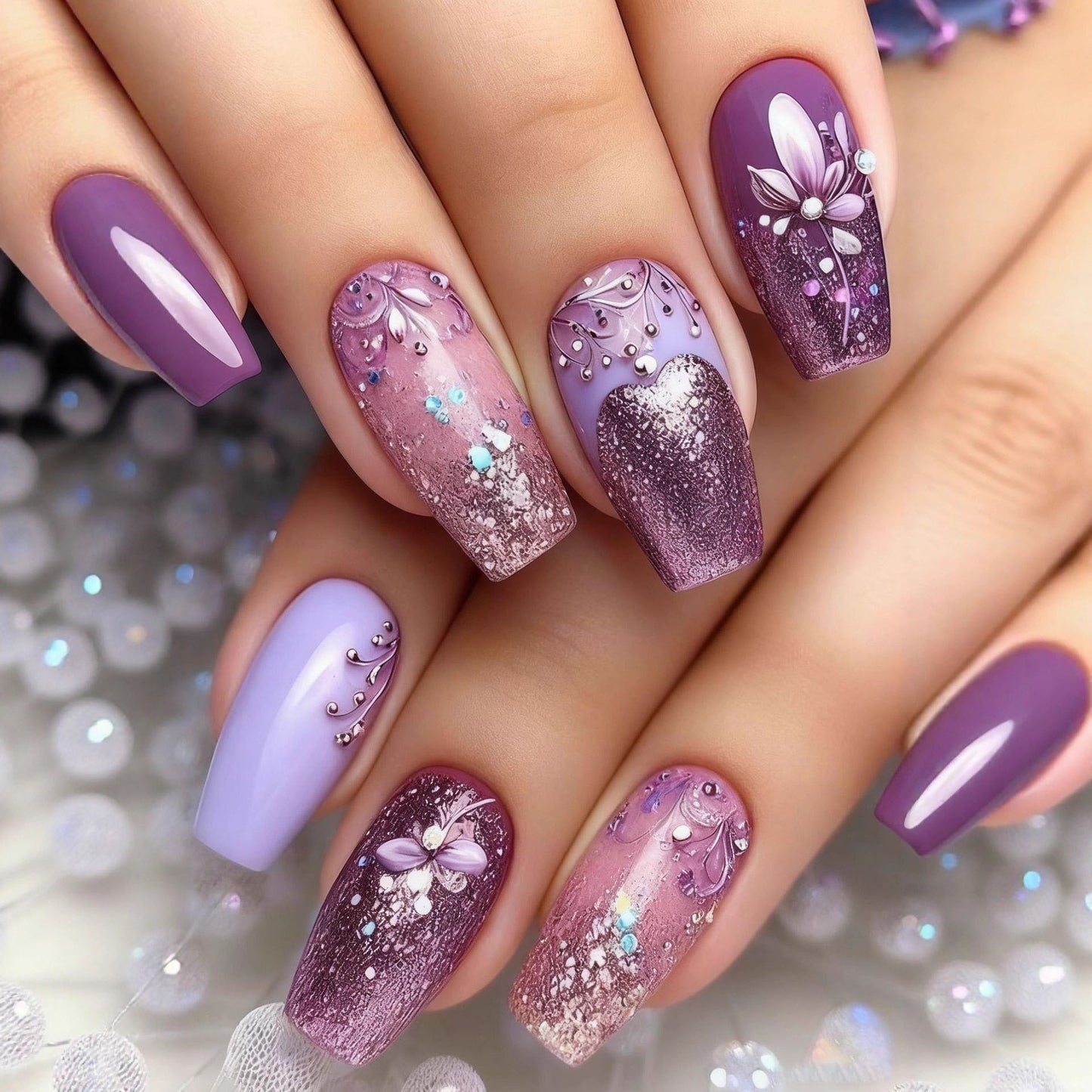 Artificial nails in a playful flower design with glittering accents Acalora