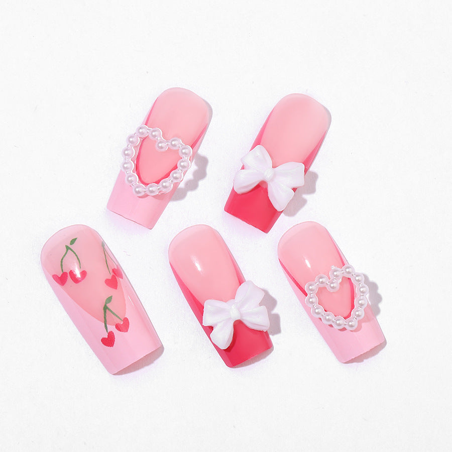 Decorative Press-On Nail Art Set with 3D Heart and Bow Accents Acalora