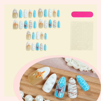 Beach-Inspired Press-On Nail Set with Ocean and Starfish Designs Acalora