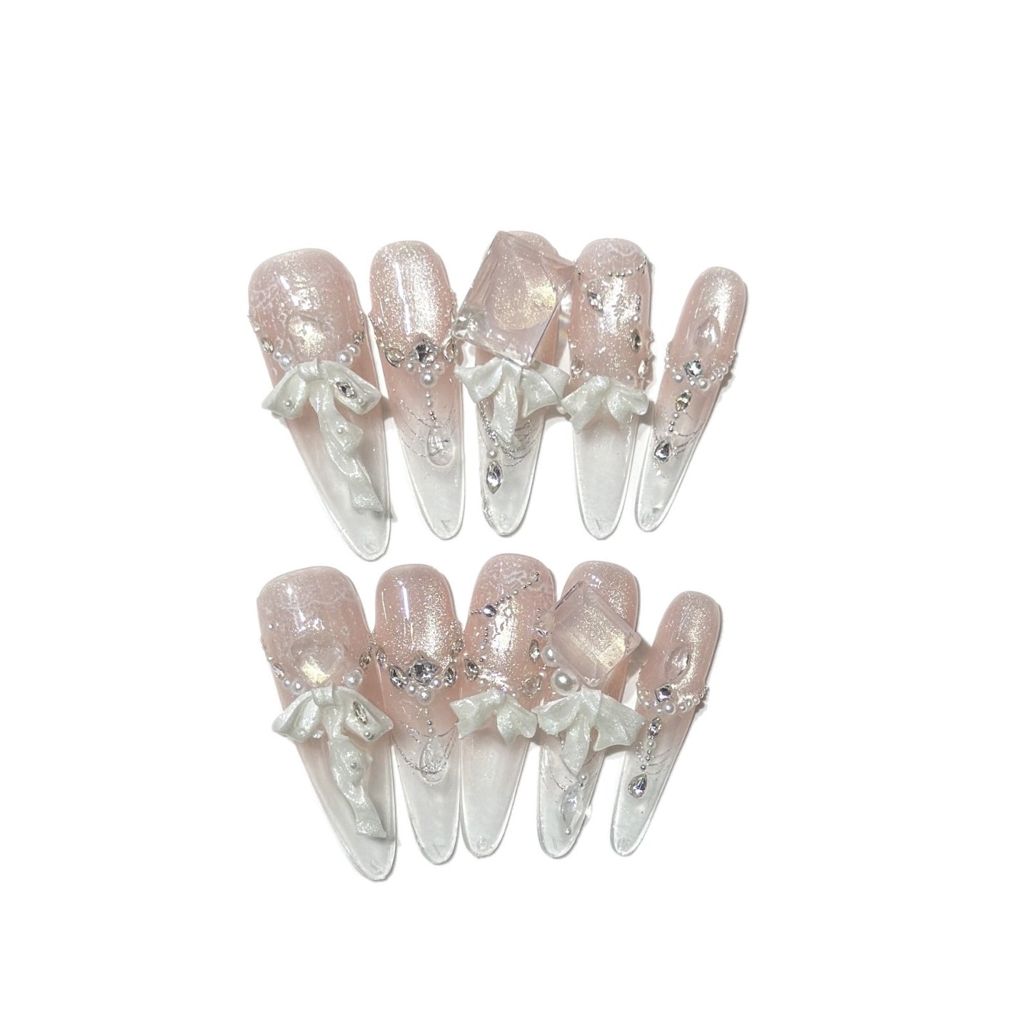 Elegant Press-On Acrylic Nail Set with Decorative Bow and Glitter Accents Acalora