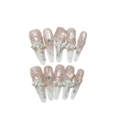 Elegant Press-On Acrylic Nail Set with Decorative Bow and Glitter Accents Acalora