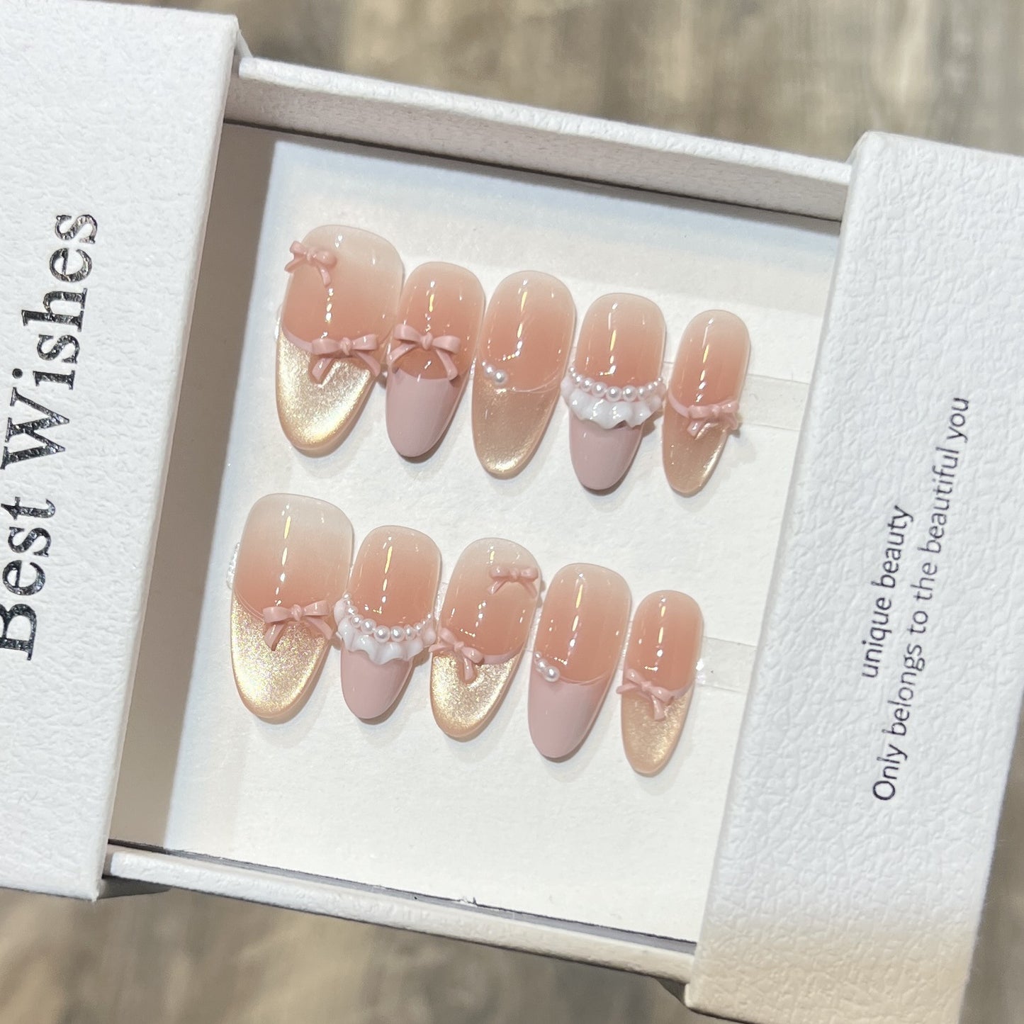 Elegant Press-On Nail Art Set with Pearl and Bow Accents Acalora