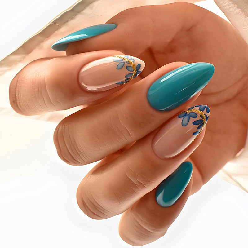 Artistic Press-On Nail Set with Floral and Leaf Designs Acalora
