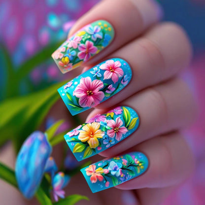 Artificial nail set with flower design and glossy finish Acalora