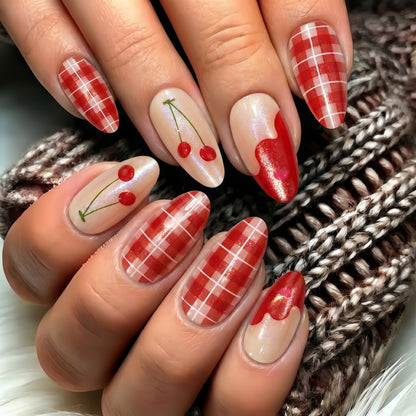 Artificial nails with romantic cherry and checkered pattern Acalora