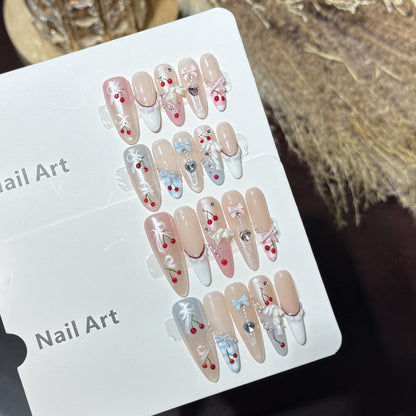 Decorative Press-On Nail Art Set with Charming Cherry Accents Acalora