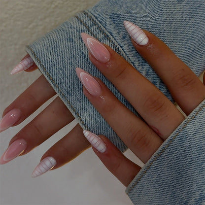 Elegant Almond-Shaped Press-On Nail Set with Striped and Solid Design Acalora