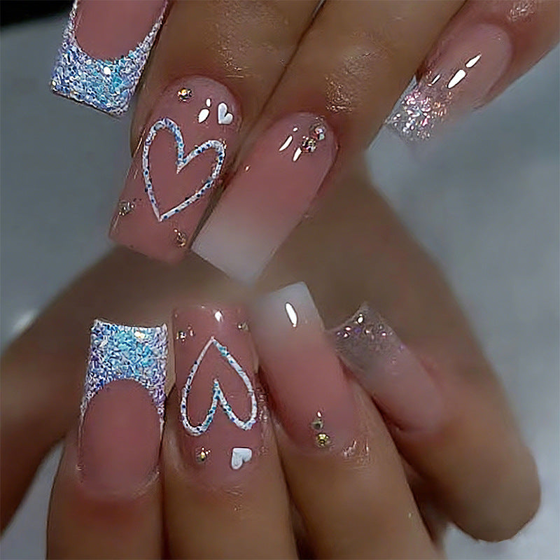 Artificial nail set with sparkling heart and glitter motifs Acalora