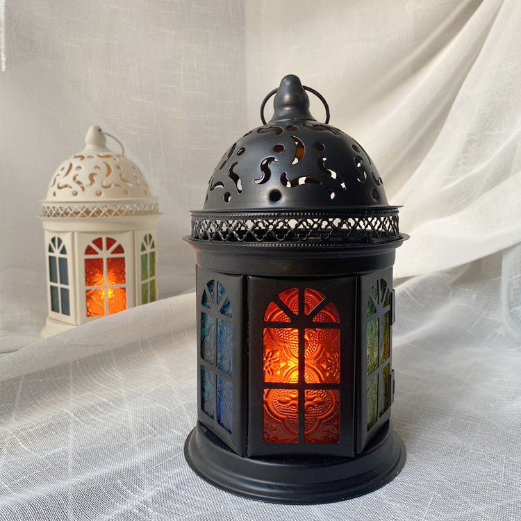 Ornate Metal Stained-Glass Tea Light Lantern Acalora