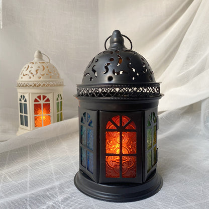 Ornate Metal Stained-Glass Tea Light Lantern Acalora