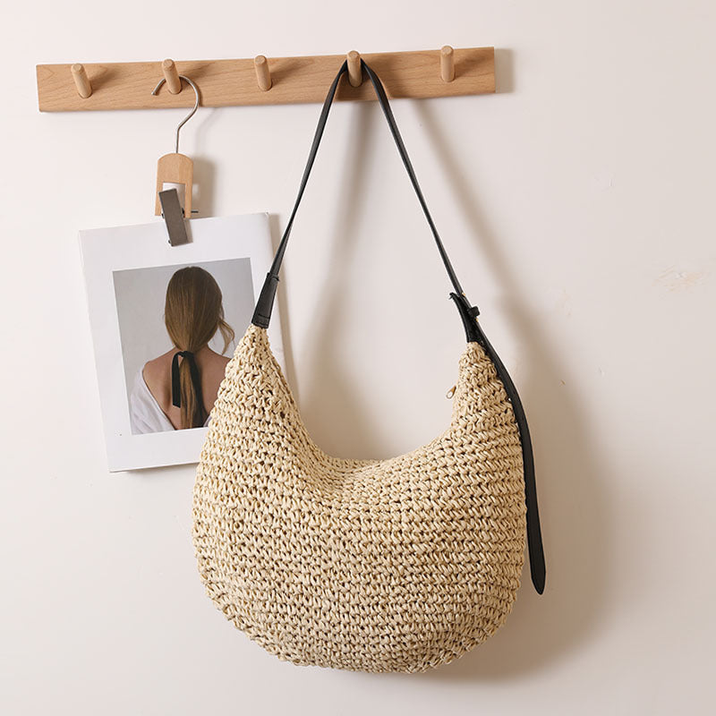 Women's Handmade Shoulder Bag made of braided natural material with a narrow leather strap Karnz