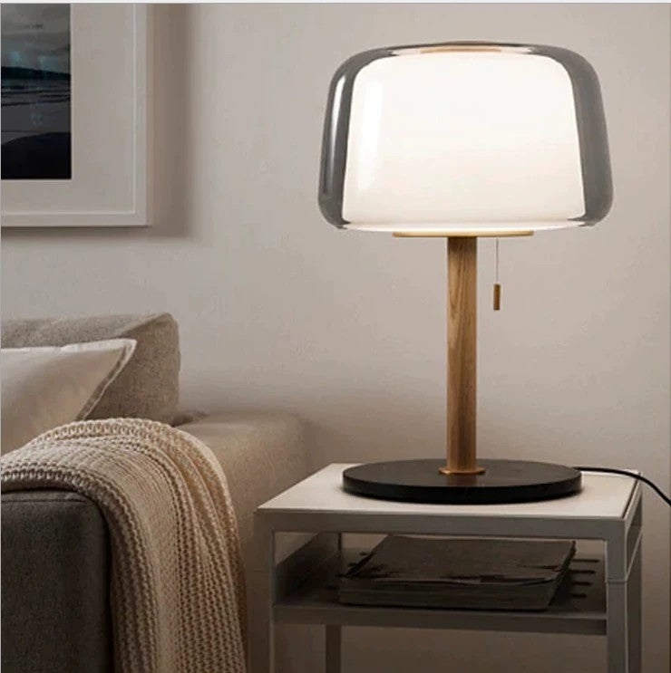 Modern Table Lamp with Glass Shade and Wood Base