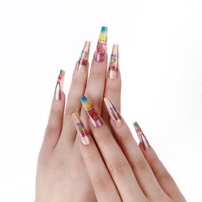 Fake nails with creative gradient colors and floral patterns Acalora