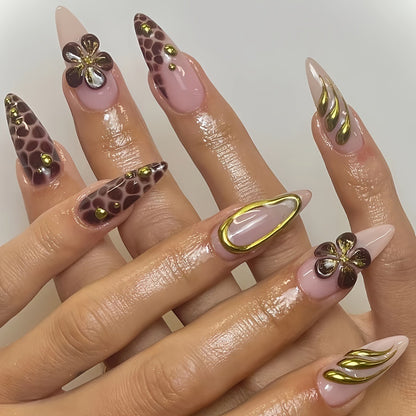 Artistic Press-On Nail Set with 3D Floral Accents Acalora