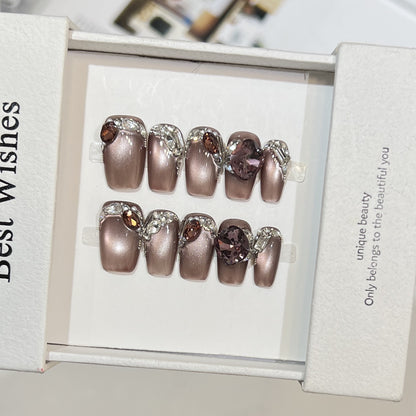 Decorative Press-On Nail Design with Gemstone Accents Acalora