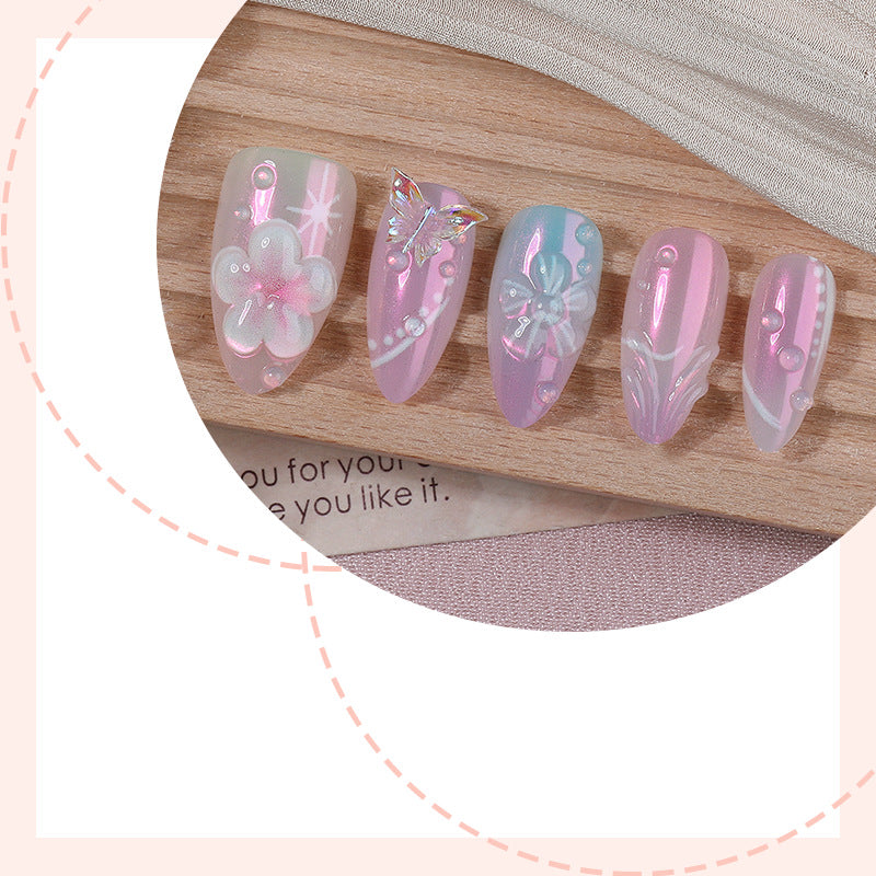 Artistic Press-On Nail Set with Floral Accents Acalora
