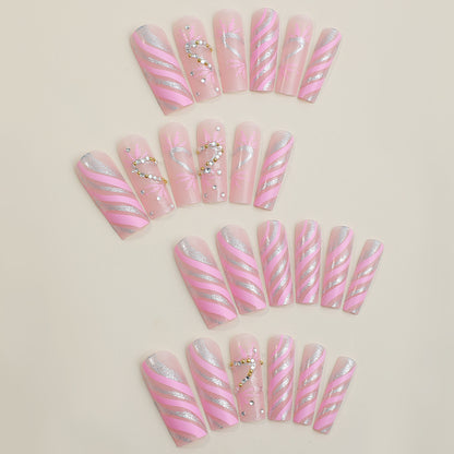 Decorative Press-On Nail Set with Exquisite Glitter Ribbon Design Acalora