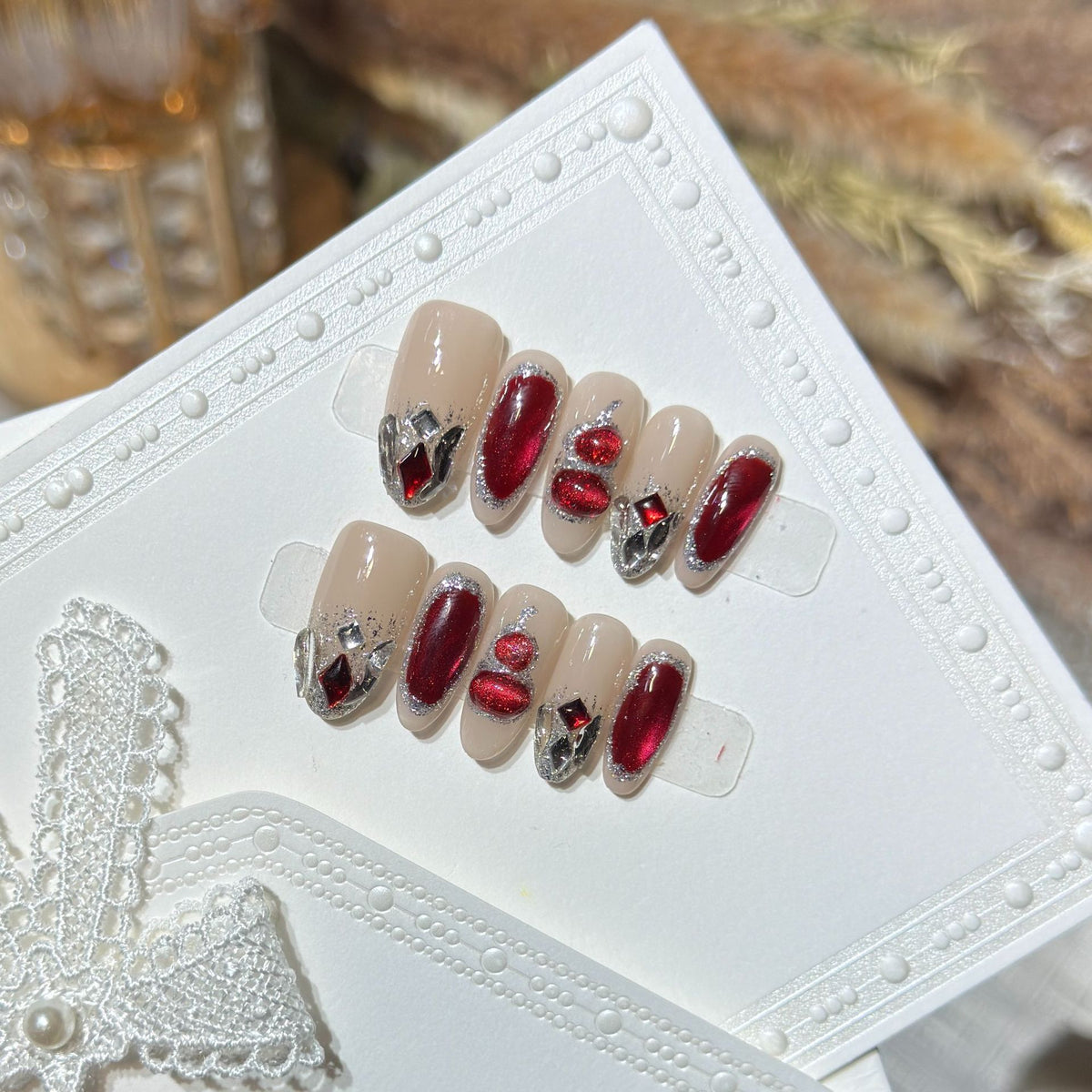 Premium Decorative Press-On Nail Set with Gemstone Accents Acalora